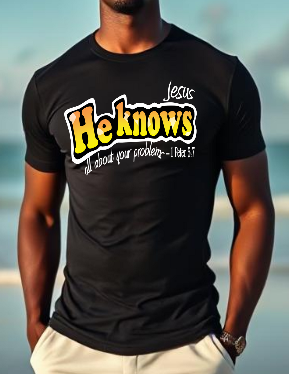 He Knows - Colorful Christian quote and scripture T-shirt.