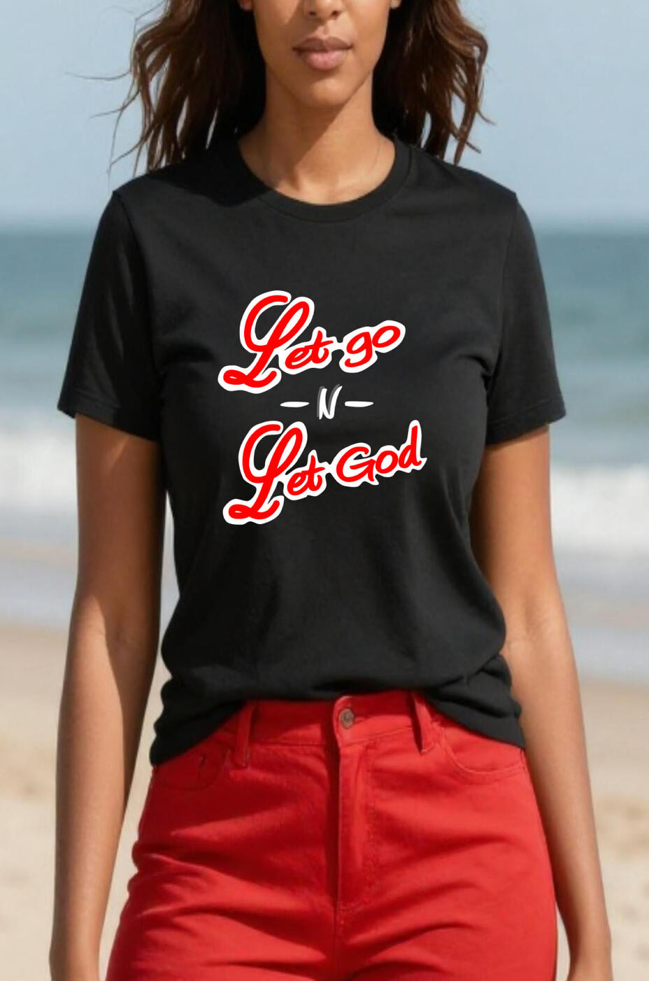 "Let Go N Let God" Christian T-Shirt features an inspiring faith-based quote designed to encourage trust, hope, and a strong relationship with God. With stylish red and white script lettering, this inspirational Christian shirt is perfect for everyday wear