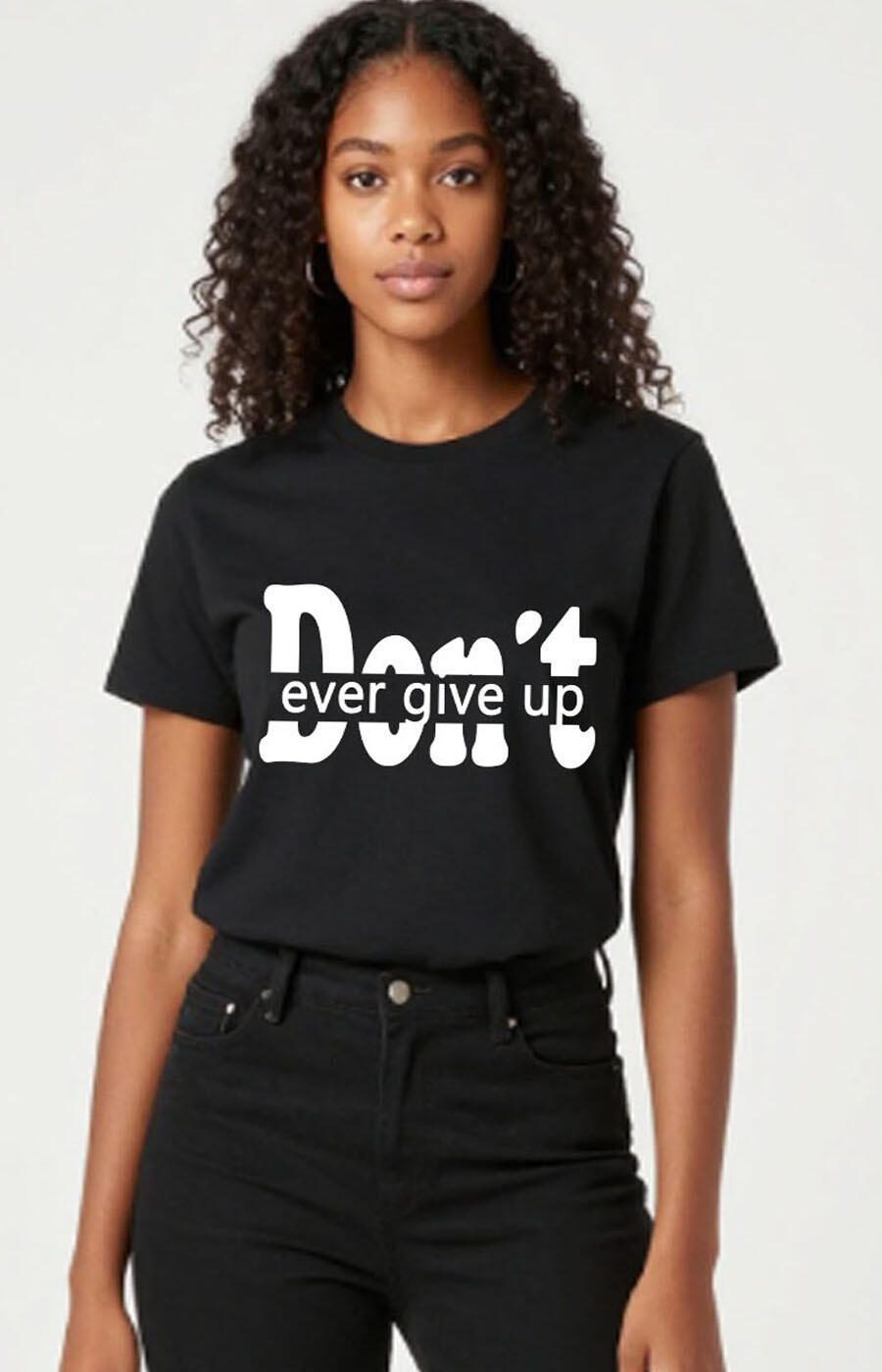 “Don't Give Up” Christian T-Shirt features bold, elegant white lettering, reminding you to put your trust in God and never quit.