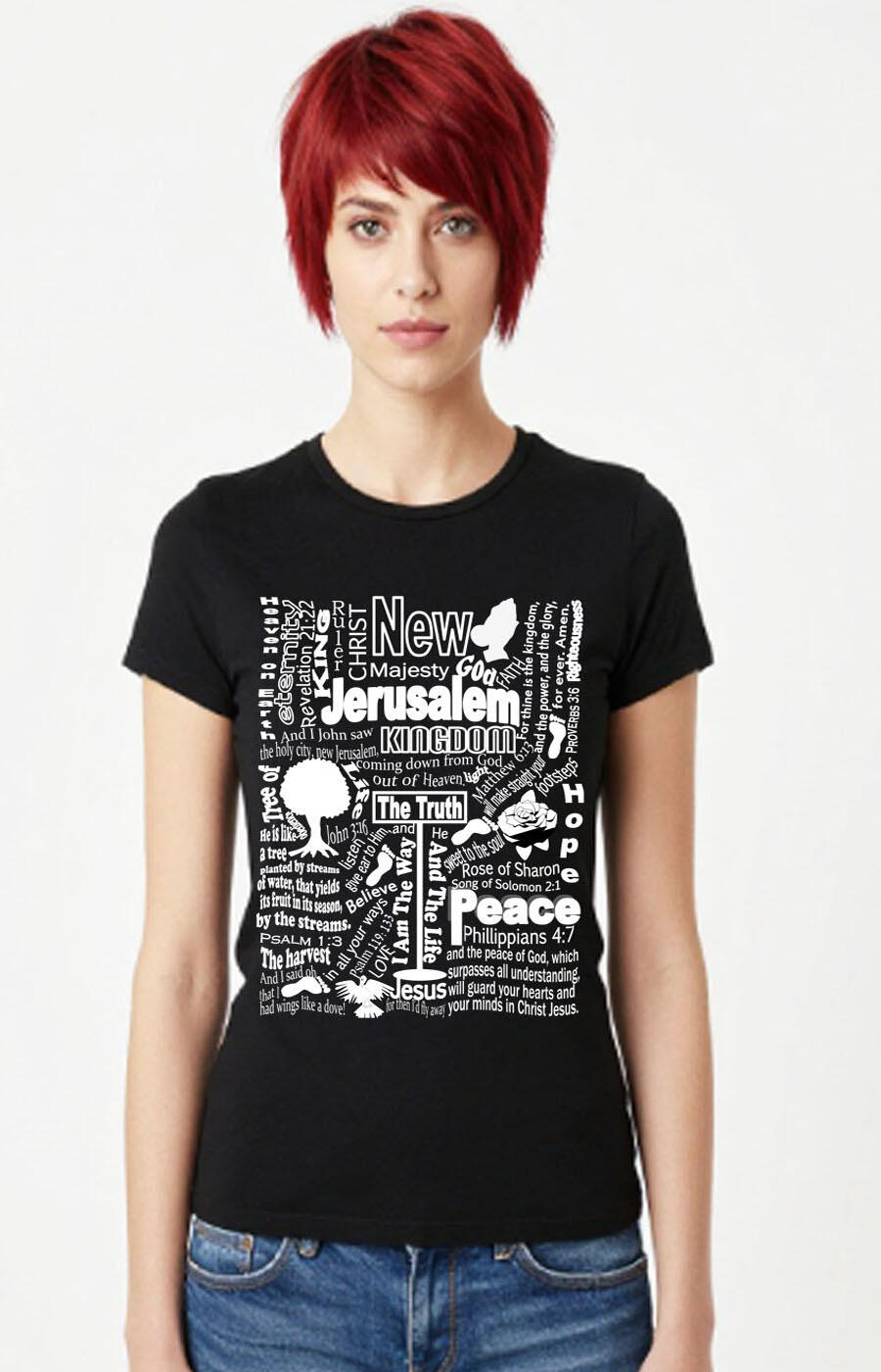 “New Jerusalem” Christian T-Shirt features an array of scriptures and graphic designs celebrating the coming King and His Kingdom.