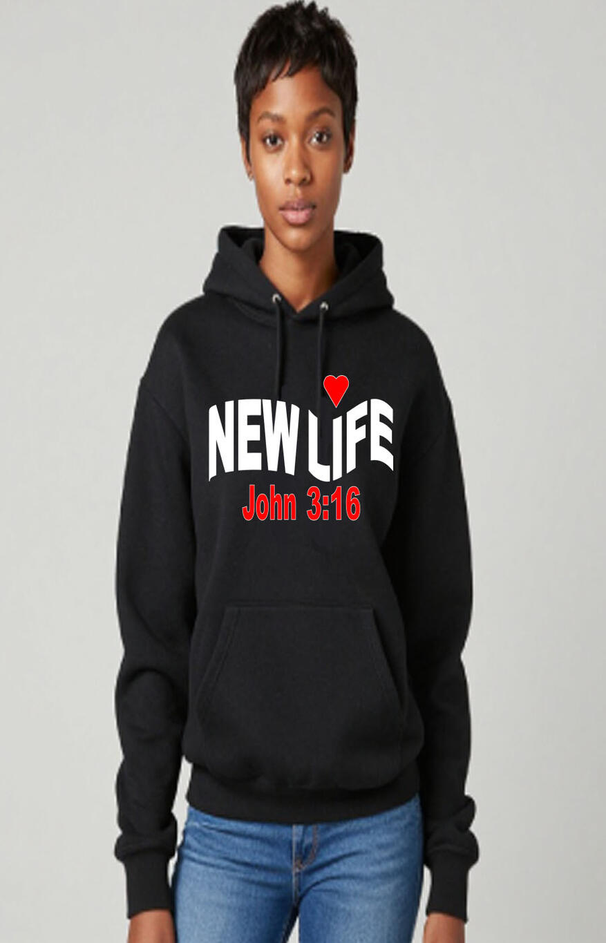 Celebrate new life with this meaningful Christian T-shirt. The design features the words “New Life” in elegant, fancy white lettering, with a beautiful heart-shaped detail over the “i” in Life for a unique touch. “John 3:16” is displayed in red lettering.