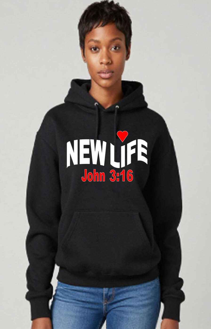 Celebrate new life with this meaningful Christian T-shirt. The design features the words “New Life” in elegant, fancy white lettering, with a beautiful heart-shaped detail over the “i” in Life for a unique touch. “John 3:16” is displayed in red lettering.