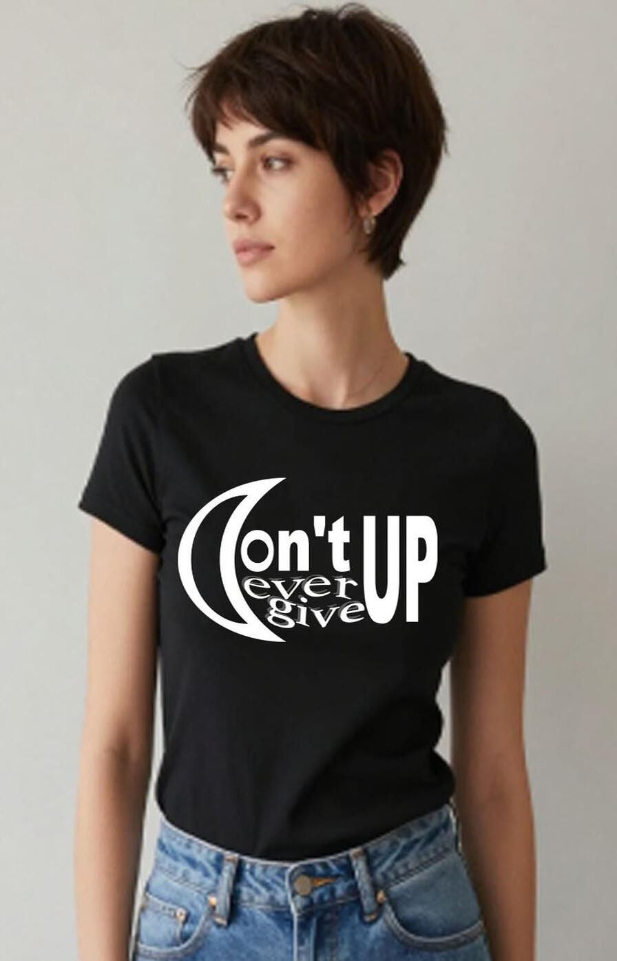 Carry a powerful message of faith, hope, and perseverance wherever you go. This Christian-inspired T-shirt features the uplifting words “Never Give Up” in elegant, fancy white lettering, creating a clean and meaningful design that stands out.