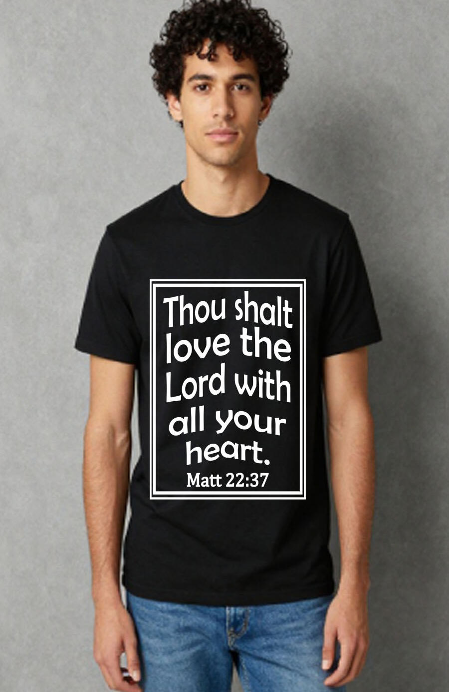 Wear your faith proudly with this meaningful Christian T-shirt featuring the powerful message “Thou Shall Love the Lord with All of Your Heart” in elegant white lettering.Inspired by the biblical command to love God wholeheartedly.