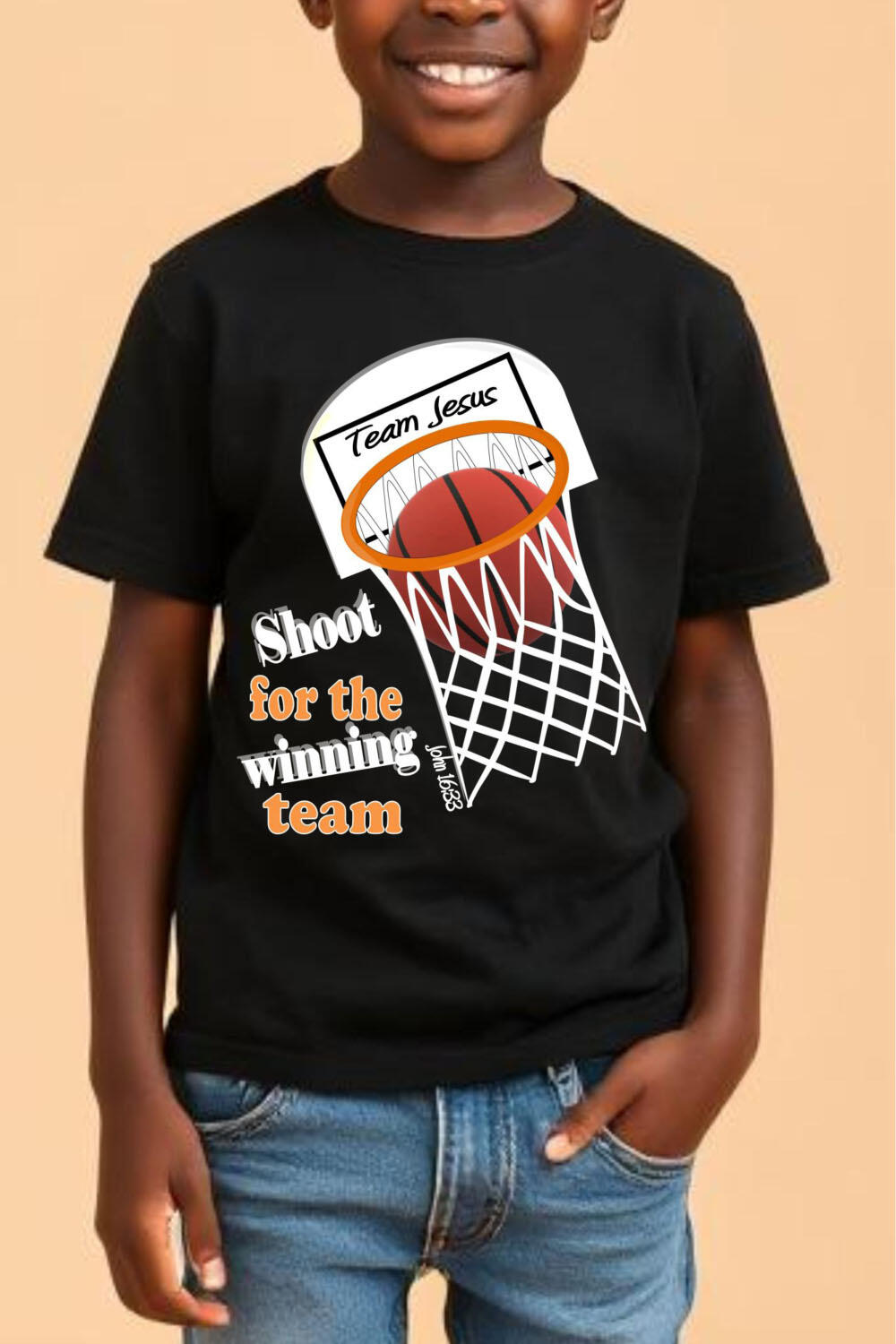 Team Jesus, Shoot For The Winning Team Boys Christian Graphic T-shirt featuring a basketball hoop, with the words, "Team Jesus," and the words, "Shoot for the winning team.".