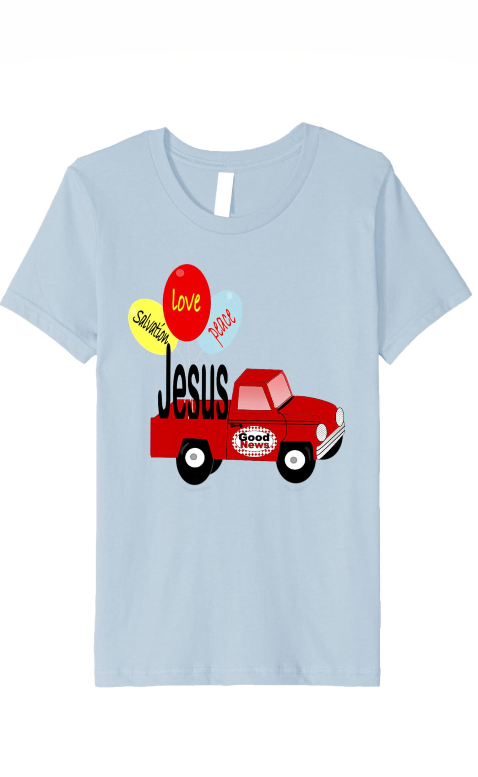 The Good News T-shirt Boys Christian T-shirt featuring a red pick up truck, with the words Salvation, Love, Peace, and Jesus the Good News.