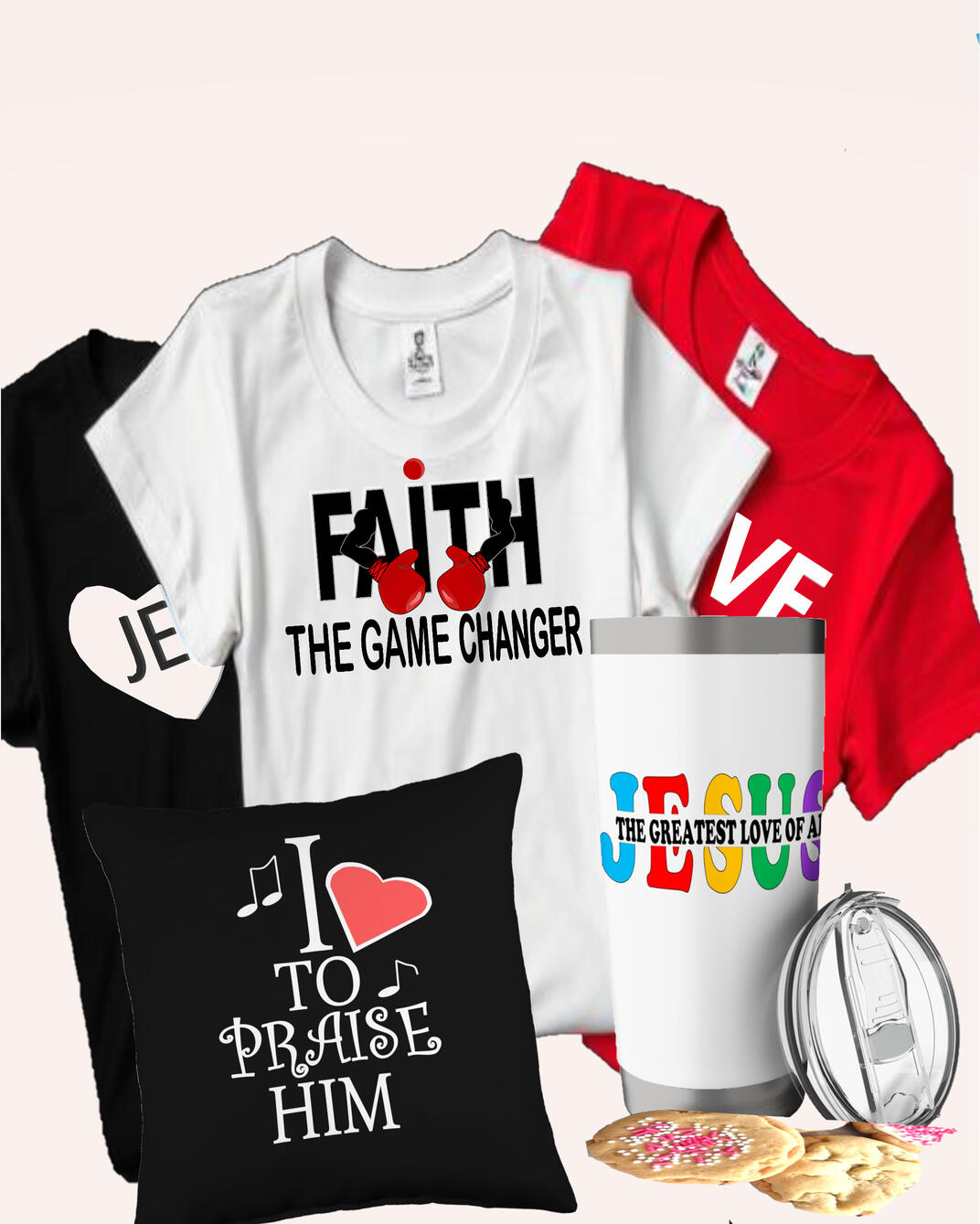 Grab These Deals Now features a table full of Christian T-shirts, tote bags, and Tumbler's.