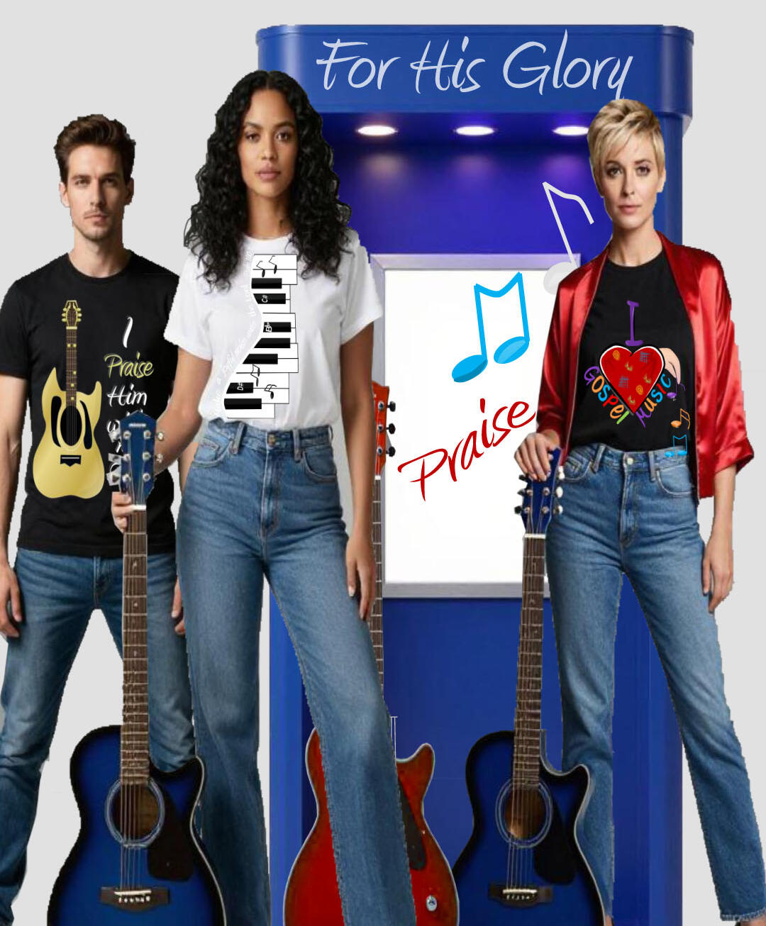 Music & Worship Clothing | Christian Tees Our Kingdom Music Worship T-shirt Collection features Christian music apparel for praise and worship lovers, showcasing music notes, piano keys, colorful instruments, Bible verses, and uplifting faith-based messages.