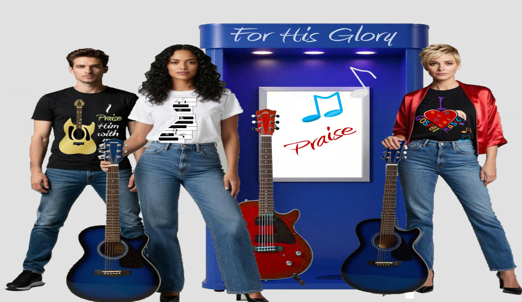 Music & Worship Clothing | Christian Tees Our Kingdom Music Worship T-shirt Collection features Christian music apparel for praise and worship lovers, showcasing music notes, piano keys, colorful instruments, Bible verses, and uplifting faith-based messages.